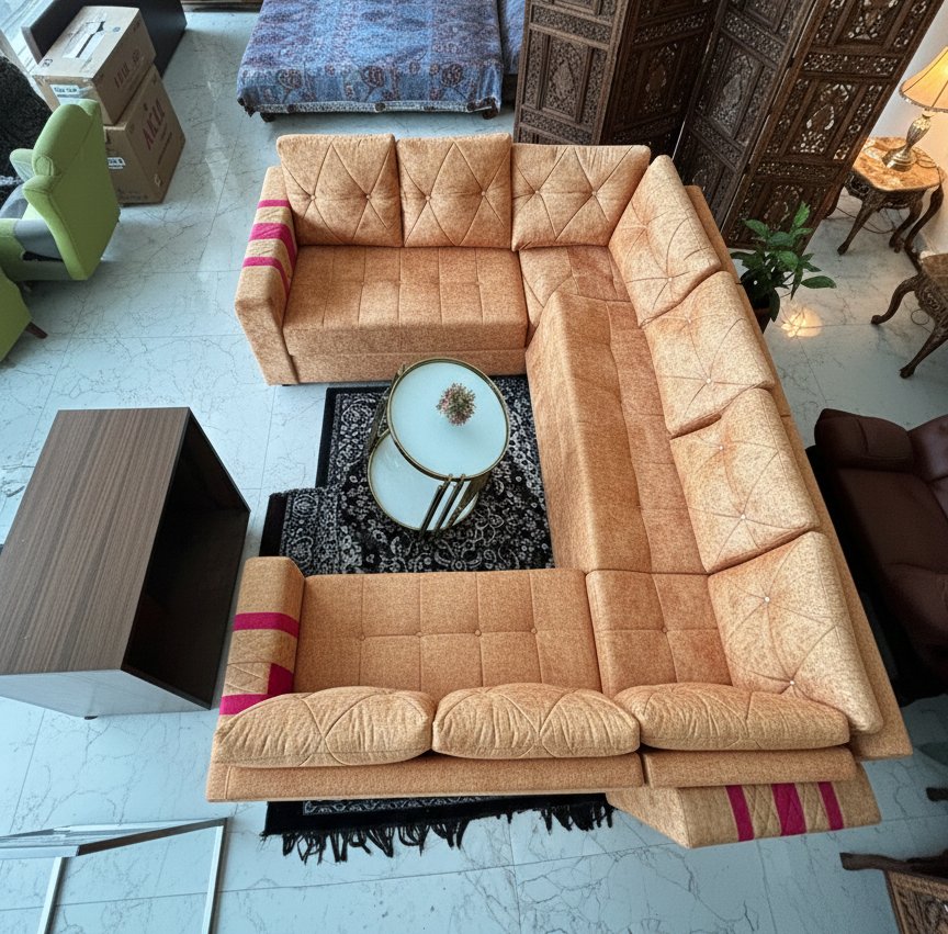 Luxury Mustard-Gold L-Shaped Sofa with Diamond-Stitched Cushions - Image 3